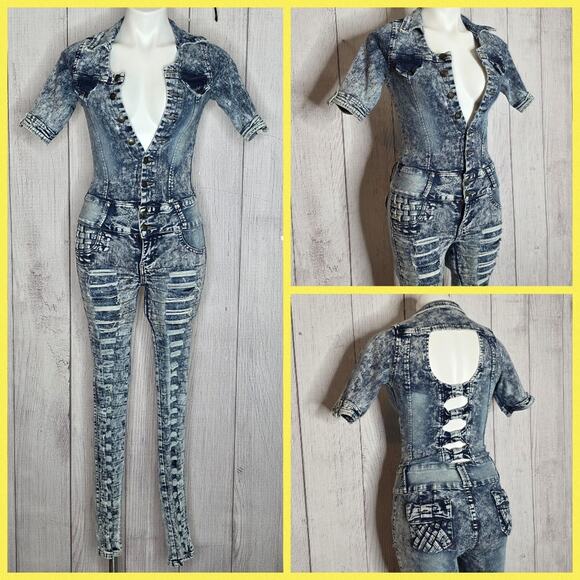 Y2K Acid Wash Distressed Denim Jumpsuit w Cut-outs, Bows & Woven Accents, sz 5 - Picture 1 of 14